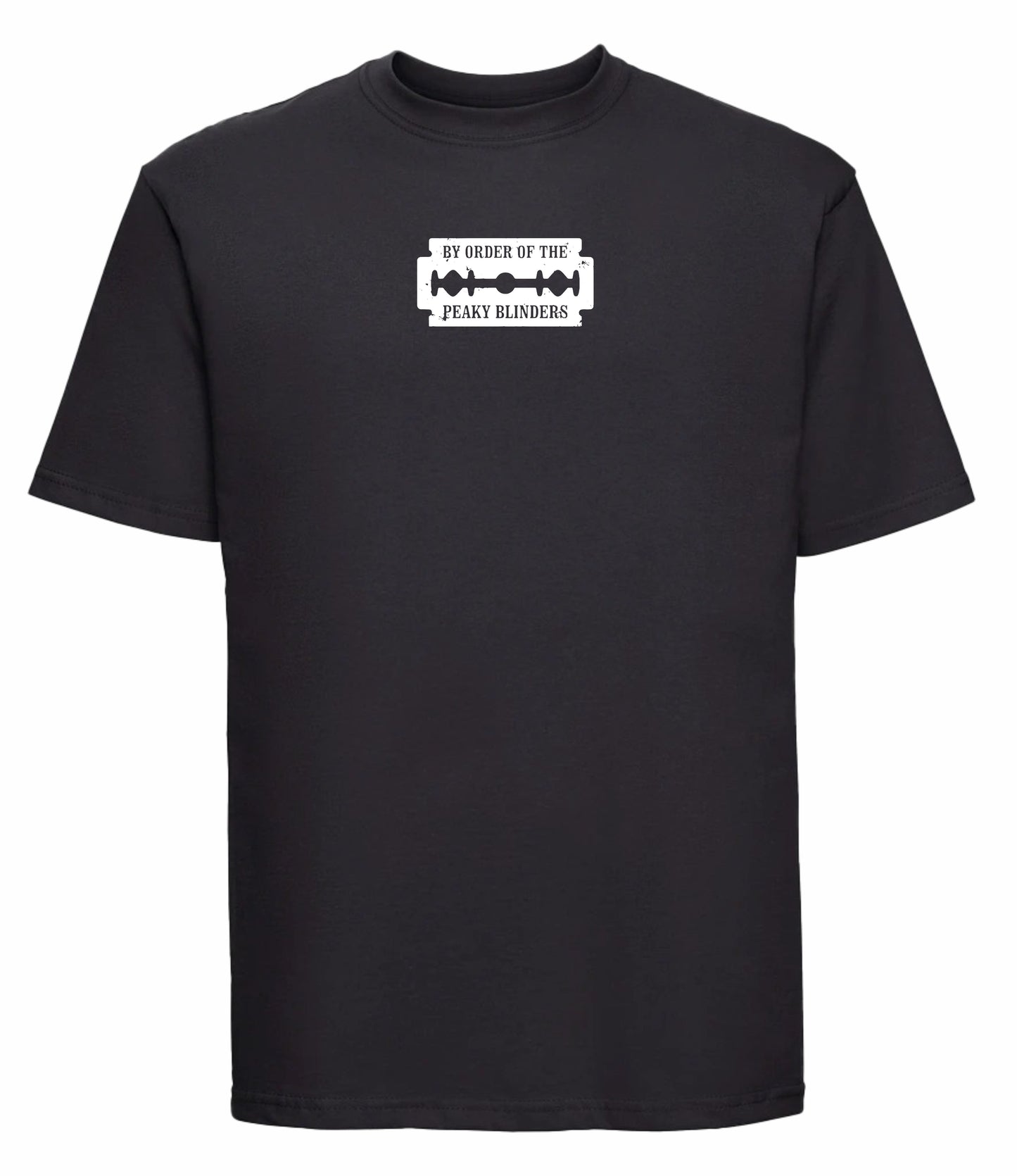 Black t-shirt with a white graphic and text on a white background