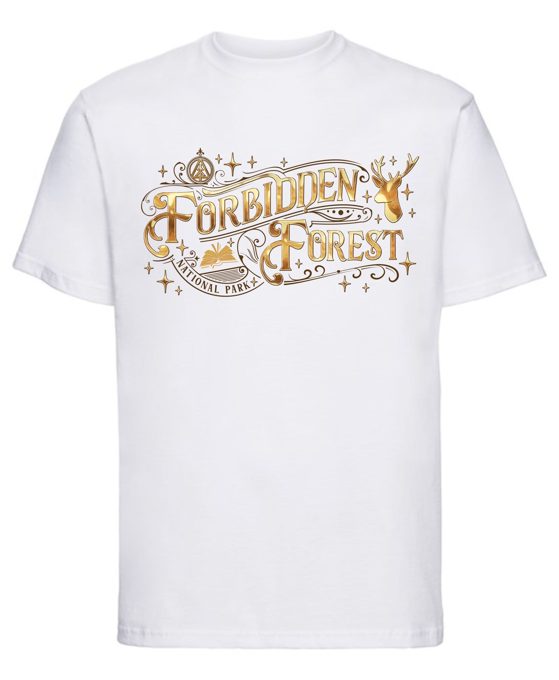 Harry Potter-style Forbidden Forest design with magical creatures printed on t-shirt