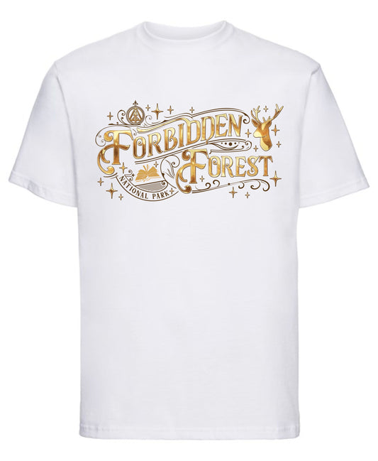 Harry Potter-style Forbidden Forest design with magical creatures printed on t-shirt