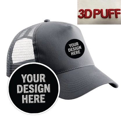 Custom cotton trucker cap with 3D puff embroidered logo on front