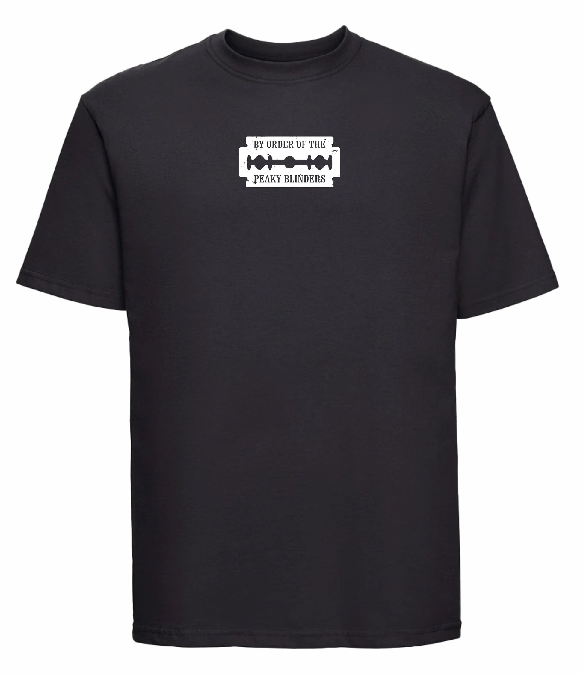 Black t-shirt with a white graphic and text on a white background