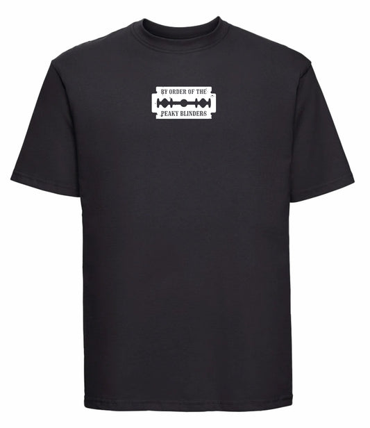 Black t-shirt with a white graphic and text on a white background
