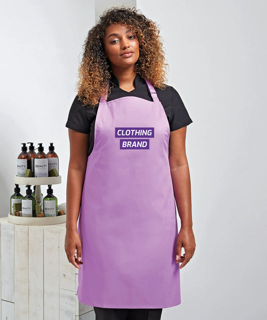 A vibrant Premier Colours Bib Apron with a custom printed logo, displayed on a mannequin—ideal for hospitality staff uniforms.