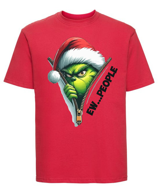 Funny Grinch “Ew, People” printed T-shirt — humorous Christmas tee for introverts.