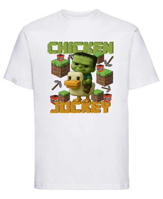 Minecraft-style chicken jockey with zombie riding a chicken printed on t-shirt
