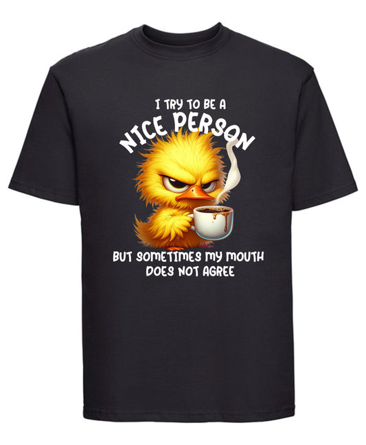 Black t-shirt with an angry bird graphic and humorous text on a white background