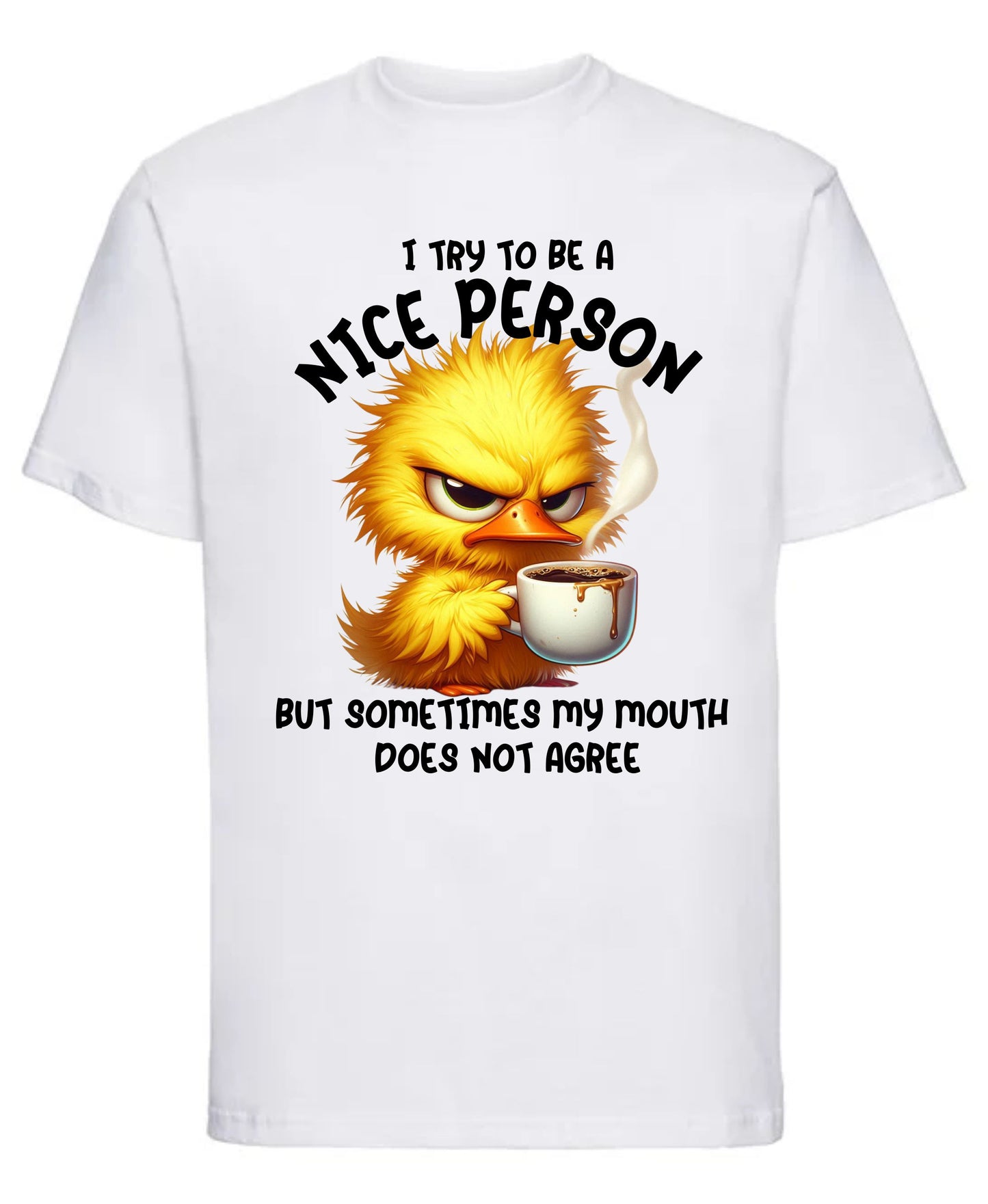 Funny “I Try to Be a Nice Person” printed T-shirt — sarcastic quote design on soft cotton tee.