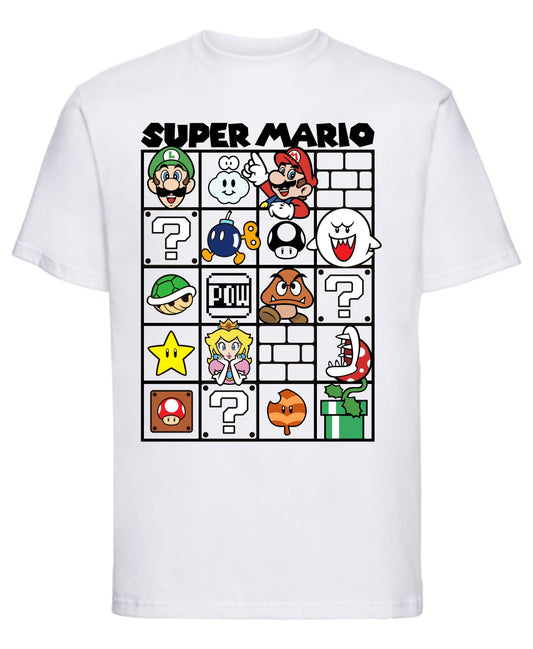 White t-shirt with Super Mario character and icon design on a white background